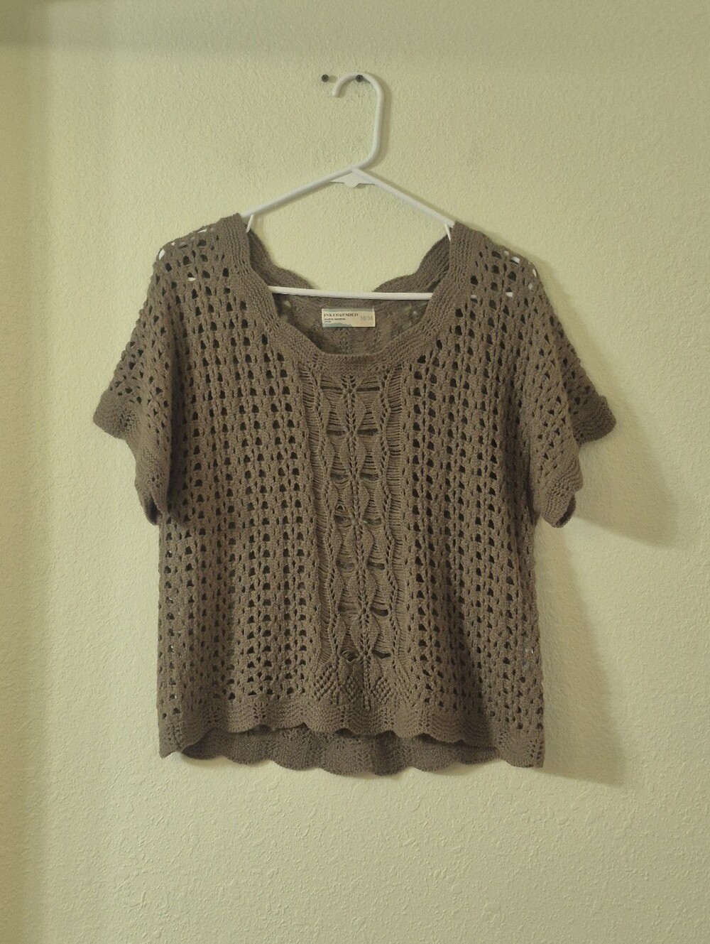 Open-Knit Short Sleeve Sweater Top - Taupe
